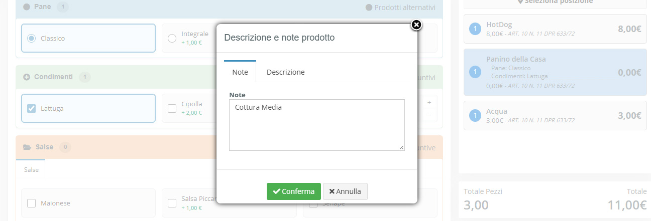 Generazione comanda prodotto note